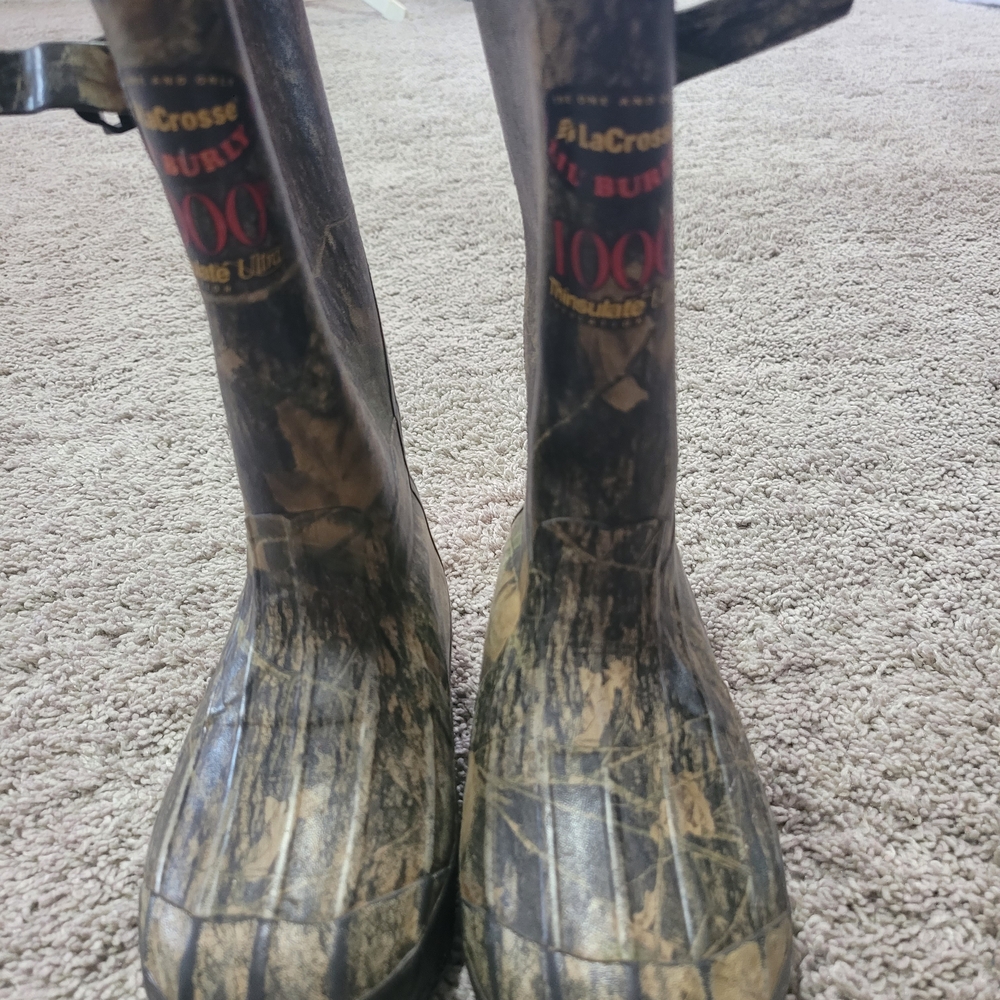 LaCrosse Lil’ Burly insulated hunting boots in camo print, youth size 12.